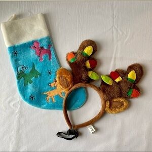 Dog christmas stocking & dog reindeer antlers size M/L with christmas lights